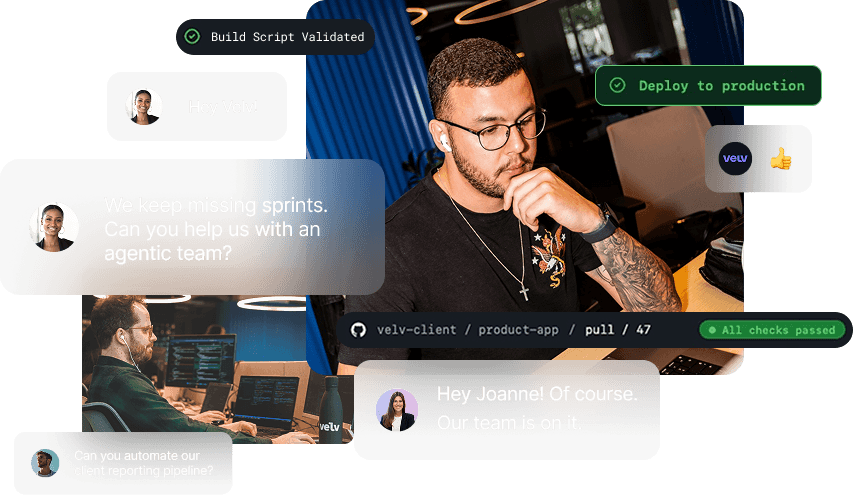 Velv team collaborating with AI agents — chat bubbles, deploy and build status indicators